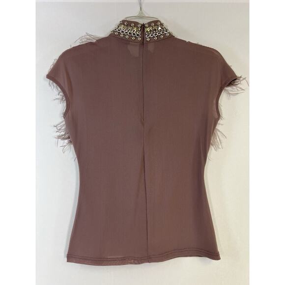 Gracia Taupe Stretch Short Sleeve Blouse with Ostrich Feather Trim Women’s S - Picture 5 of 12